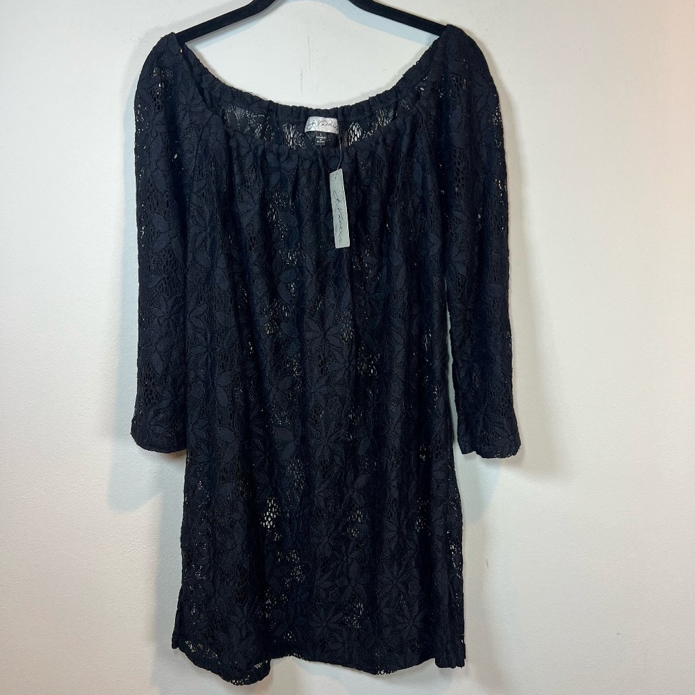 J. Valdi Floral Crochet Lace Tunic Swim Cover Up Dress Black Vacation  NEW Large